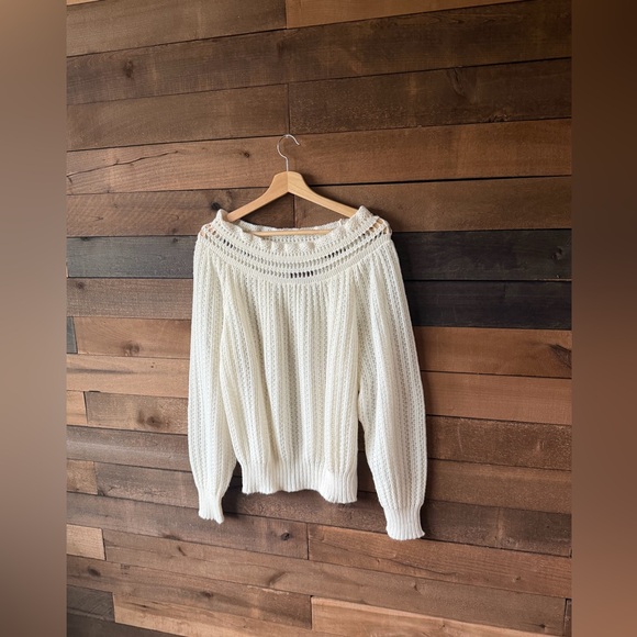 Vintage Cream Off Shoulder Knit Sweater Cottagecore Balloon Sleeve Soft - Picture 11 of 17